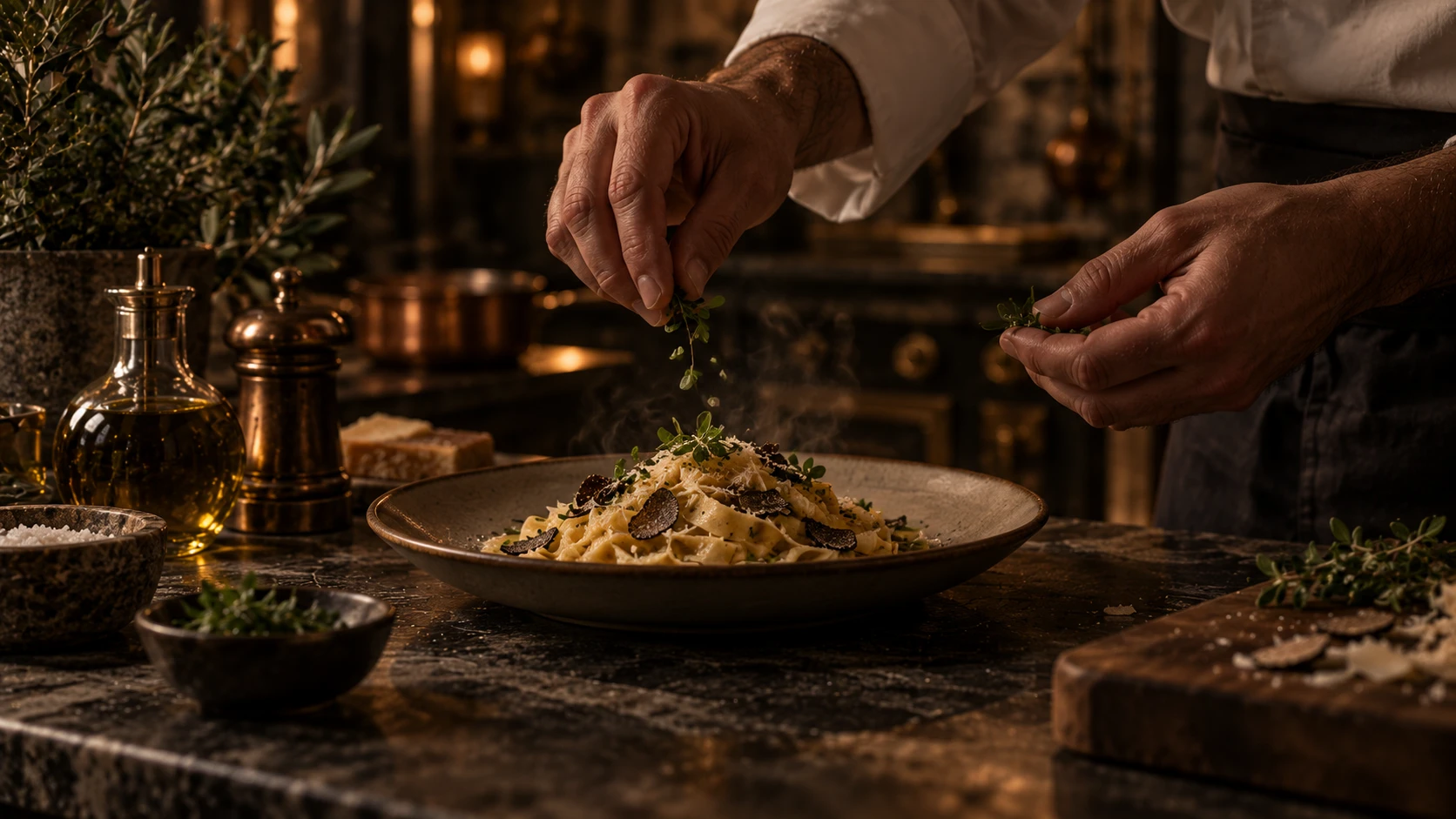 Chef maakt een bord verse pasta met zwarte truffel af