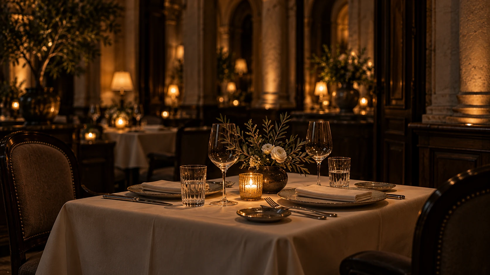 Gedekte tafel bij kaarslicht in de eetzaal
