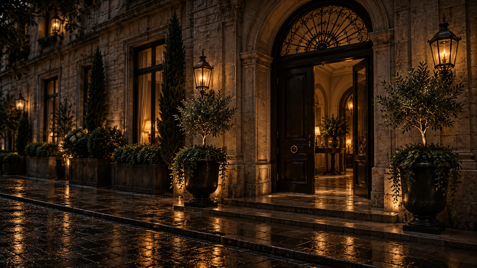 Met lantaarns verlichte ingang van Palazzo Ombra op een regenachtige avond