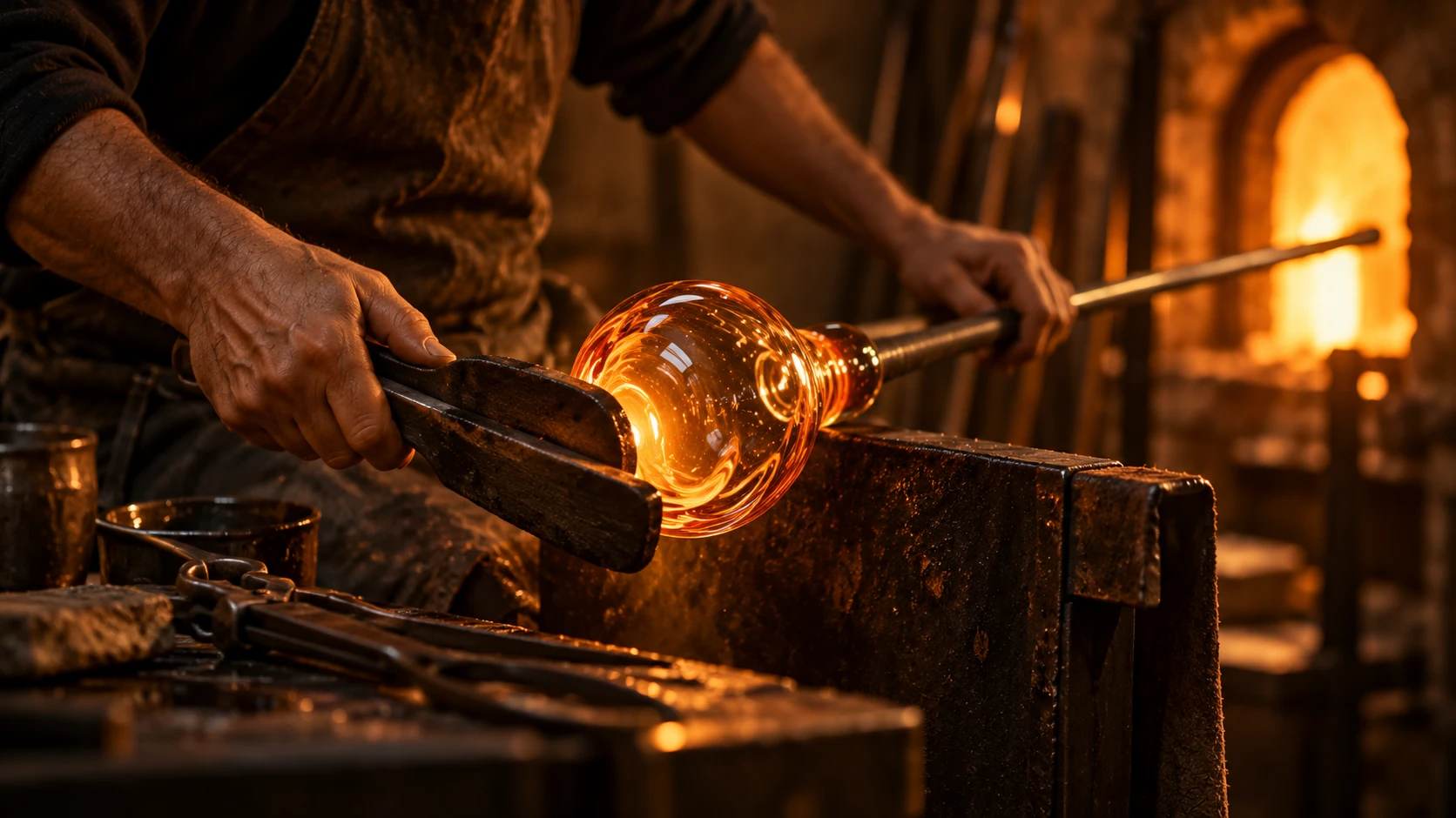 Glasblazer vormt een gloeiend stuk glas