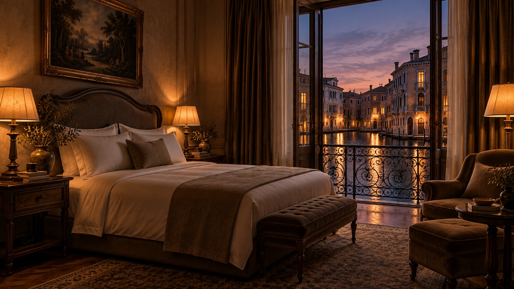 Canal Grande Suite met balkondeuren die openstaan naar het kanaal bij schemering