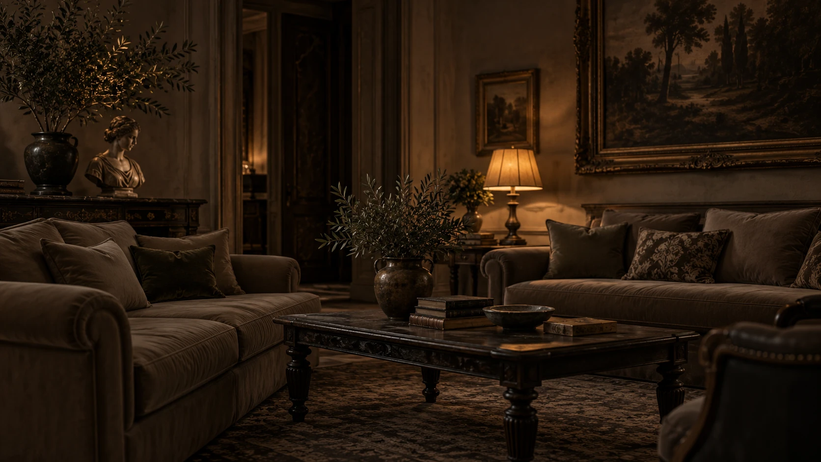 Zitkamer met fluwelen banken en brandende lampen